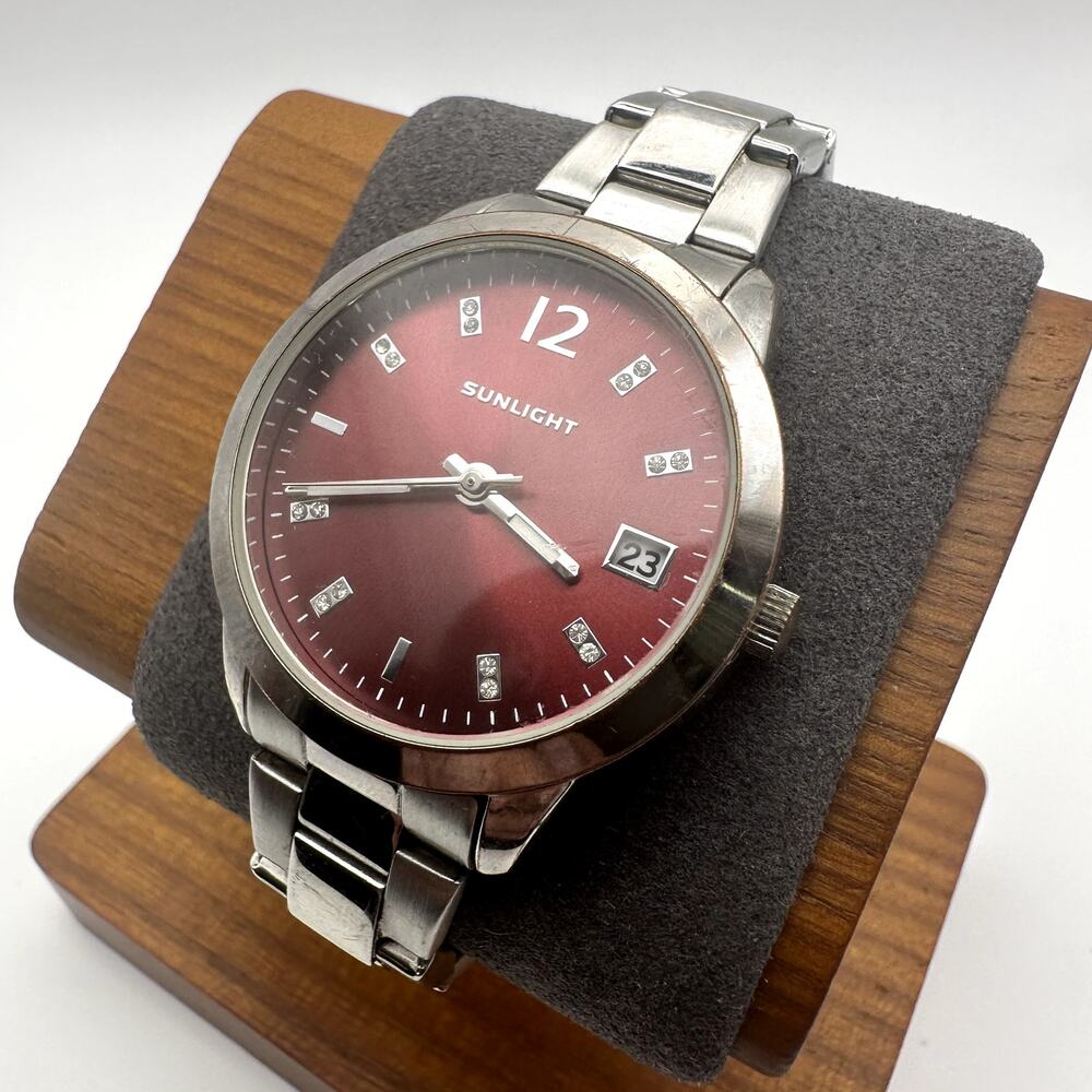 Sunlight Stainless Steel Quartz Watch Burgundy Dial Date Display